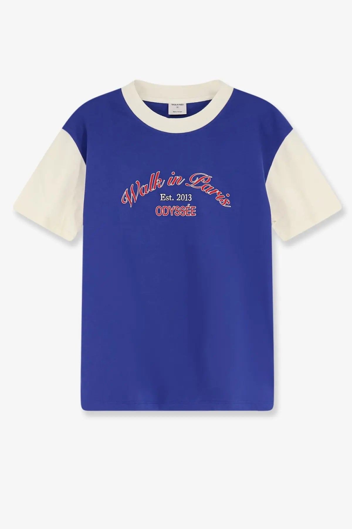 Walk in paris men’s odyssé cotton t-shirt blue with blue and cream colorblock and embroidered text on chest