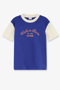 Walk in paris men’s odyssé cotton t-shirt blue with blue and cream colorblock and embroidered text on chest