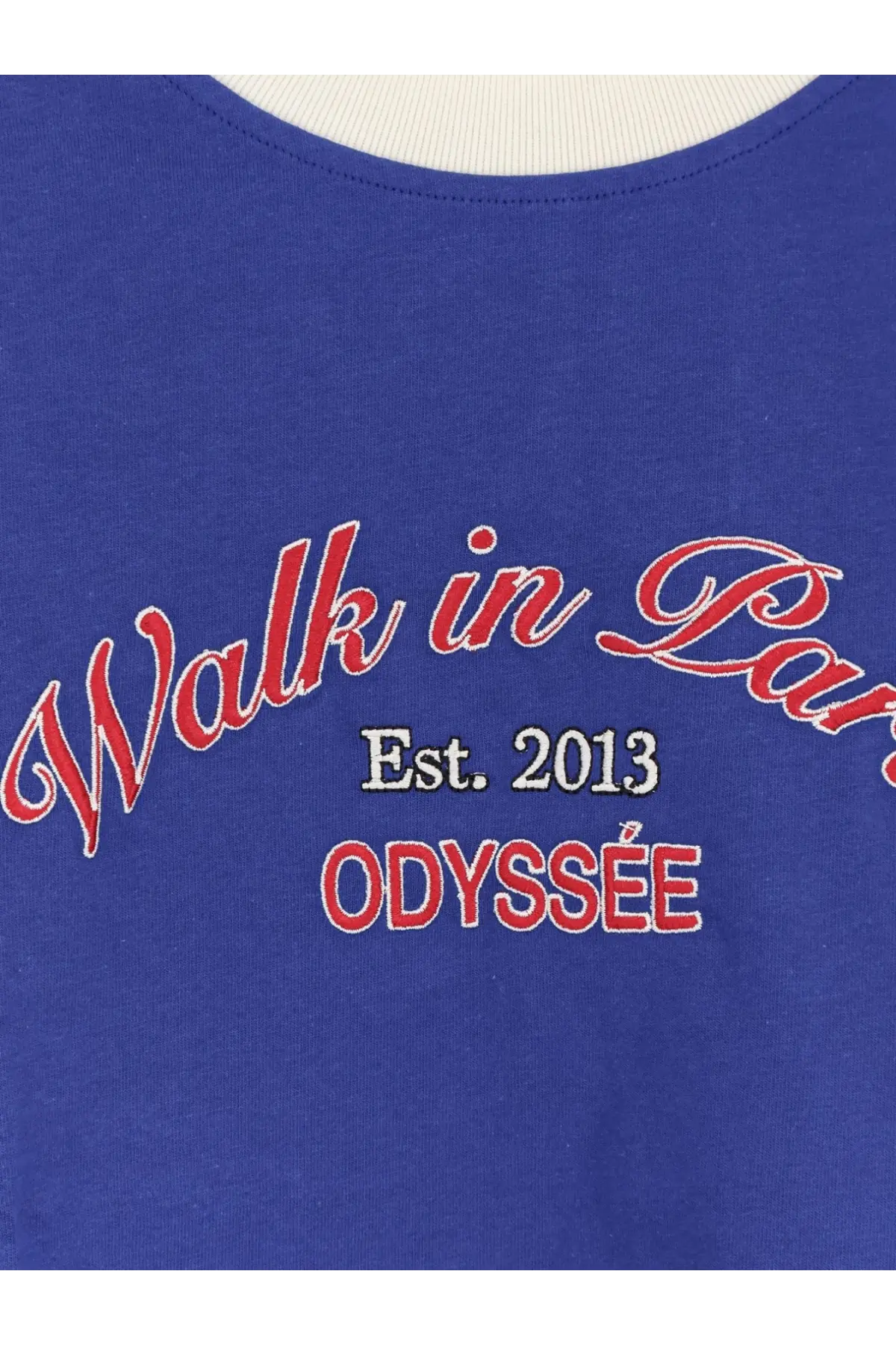 Royal blue cotton men’s sweatshirt with embroidered red and white walk in paris lettering est for casual wear