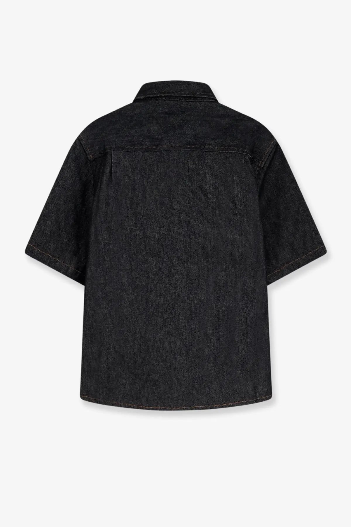 Black denim short-sleeved shirt with classic collar and subtle texture by walk in paris men’s raw denim collection