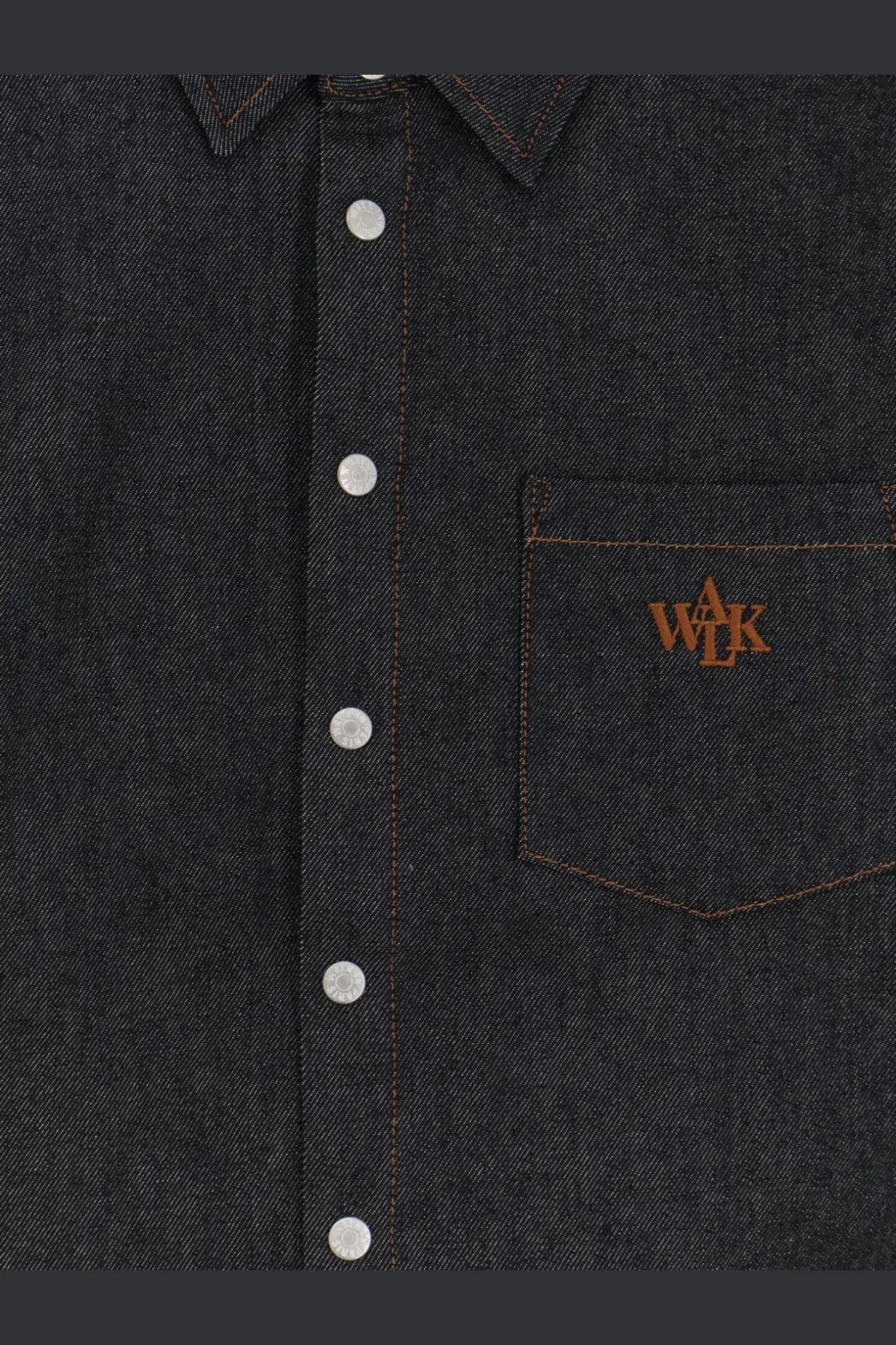 Walk in paris men’s raw denim shirt blue with dark denim fabric silver buttons and brown embroidered chest logo