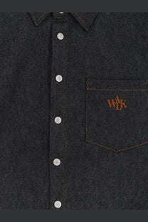 Walk in paris men’s raw denim shirt blue with dark denim fabric silver buttons and brown embroidered chest logo