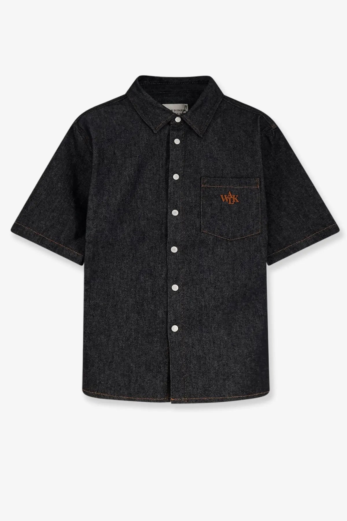 Walk in Paris men’s raw denim shirt in dark blue with short sleeves textured weave white buttons and orange logo
