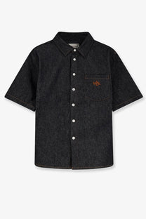 Walk in Paris men’s raw denim shirt in dark blue with short sleeves textured weave white buttons and orange logo