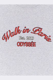 Gray heathered sweatshirt with red and black embroidered walk in paris text est in walk in paris men’s sweatshirt grey