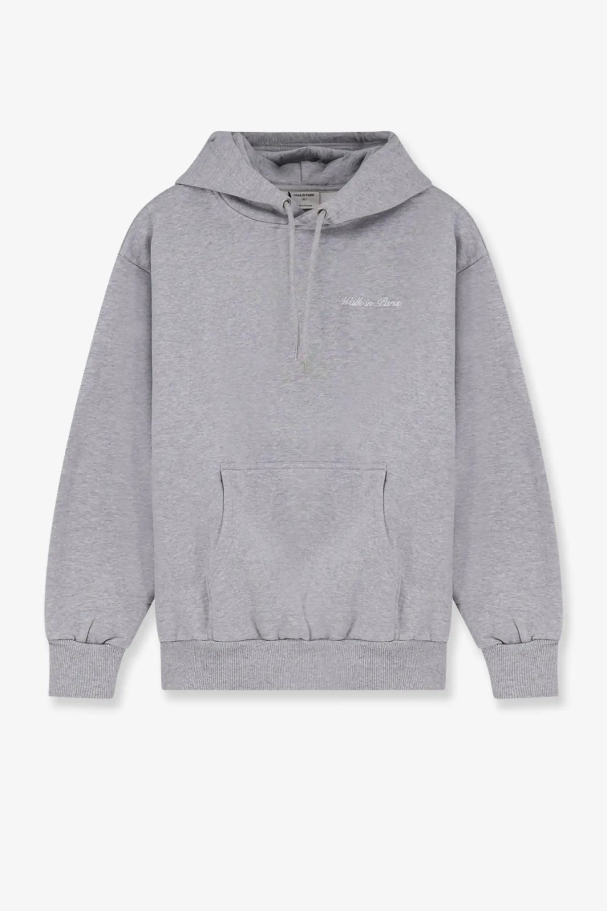 A heather gray walk in paris men’s timeless hooded sweatshirt with front pocket and subtle white chest embroidery