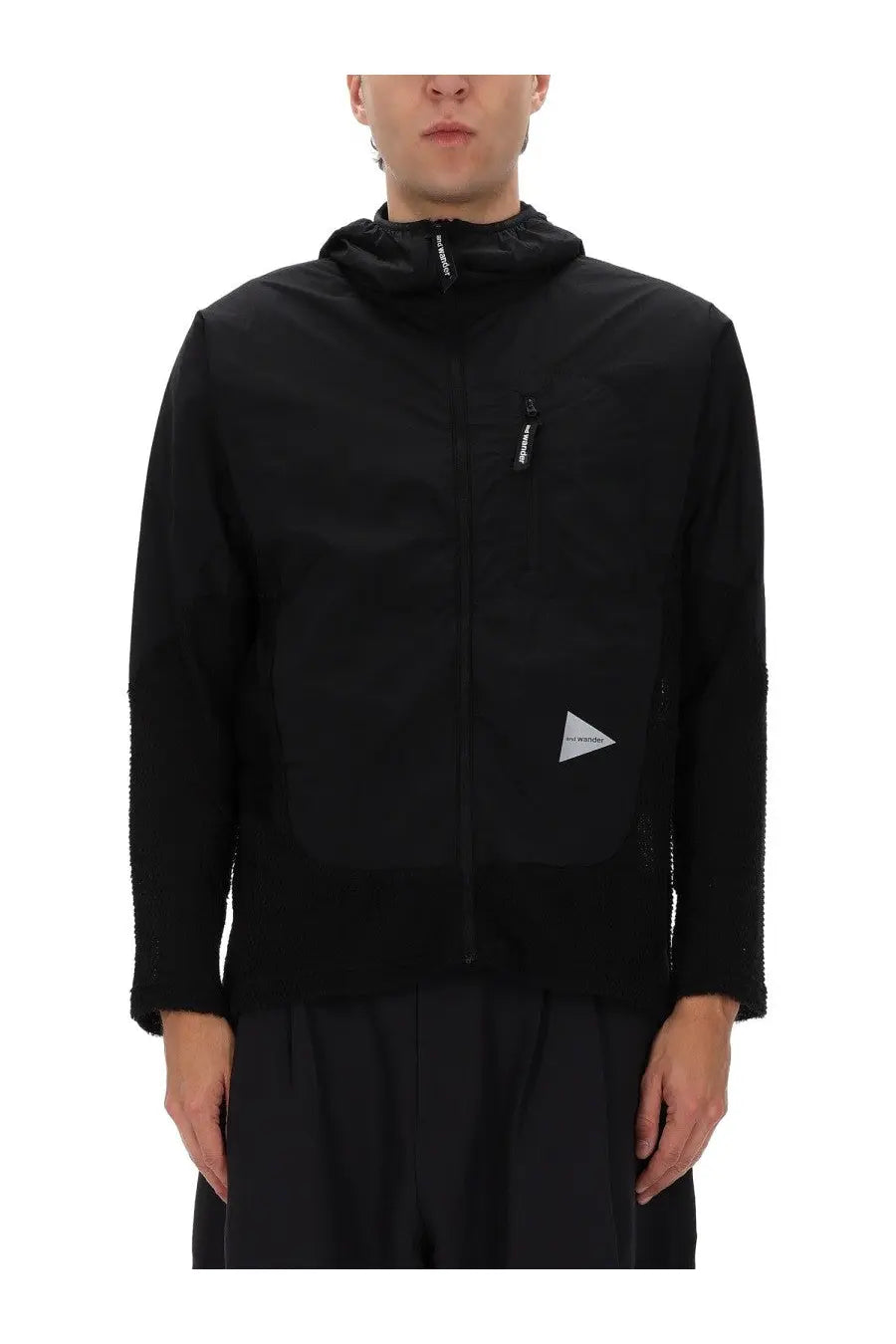 And wander men’s alpha direct black hooded jacket with fleece lining and reflective triangular logo patch on chest