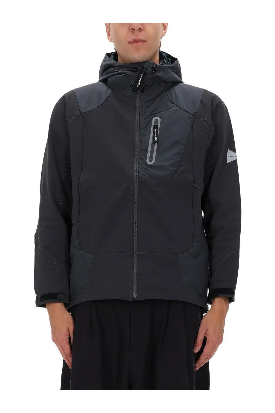 Men’s jacket grey by and wander with dark gray hooded design subtle reflective zipper and small triangular sleeve logo