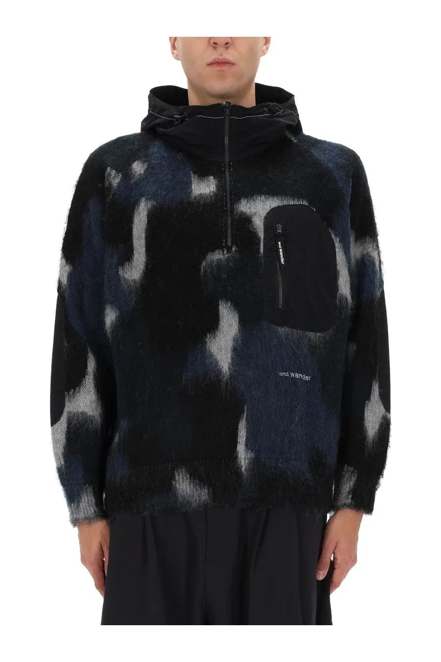 A and wander men’s zippered hooded sweater in navy and black fuzzy fabric with camouflage pattern and chest pocket