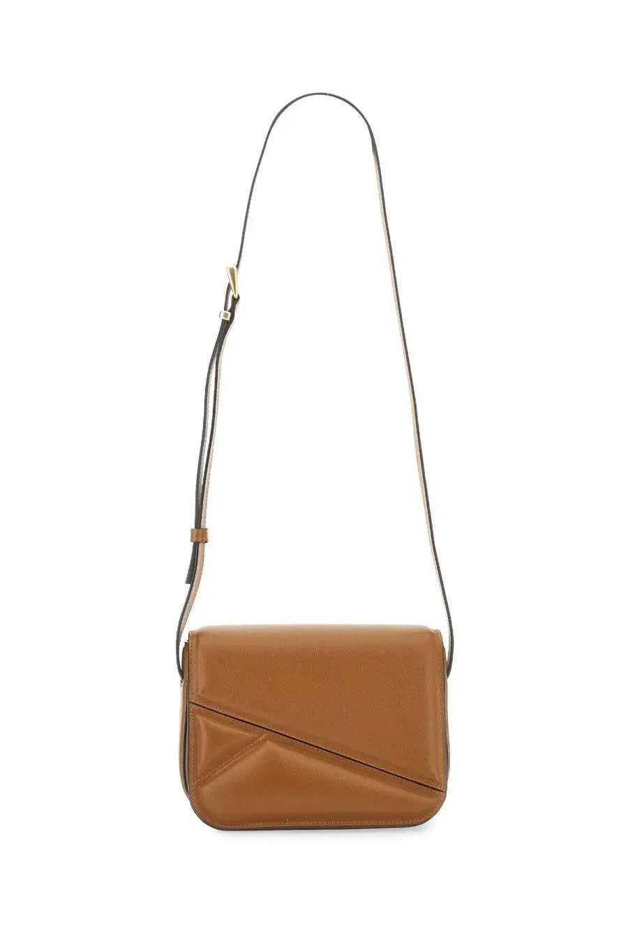 Wandler women’s medium oscar trunk bag in tan leather with sleek geometric design and black adjustable crossbody strap