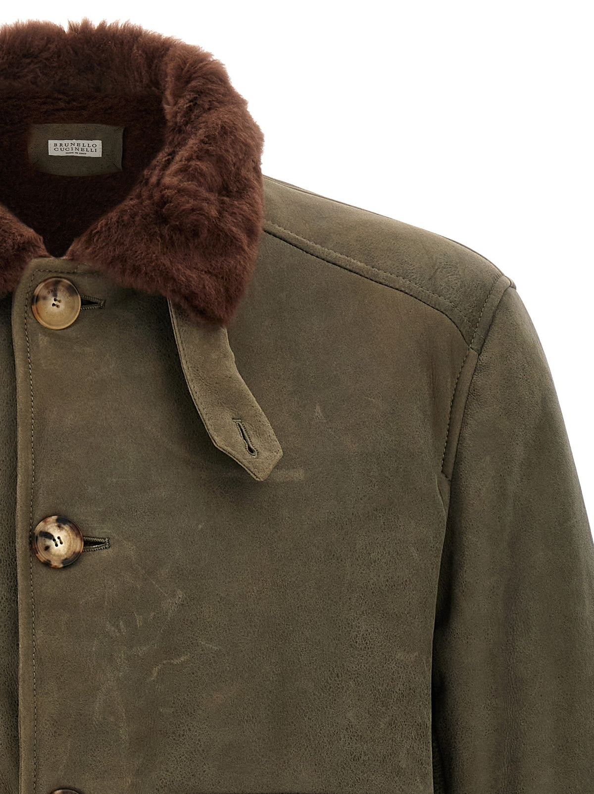 Brunello Cucinelli Waxed Shearling Bomber Jacket Green, view 3