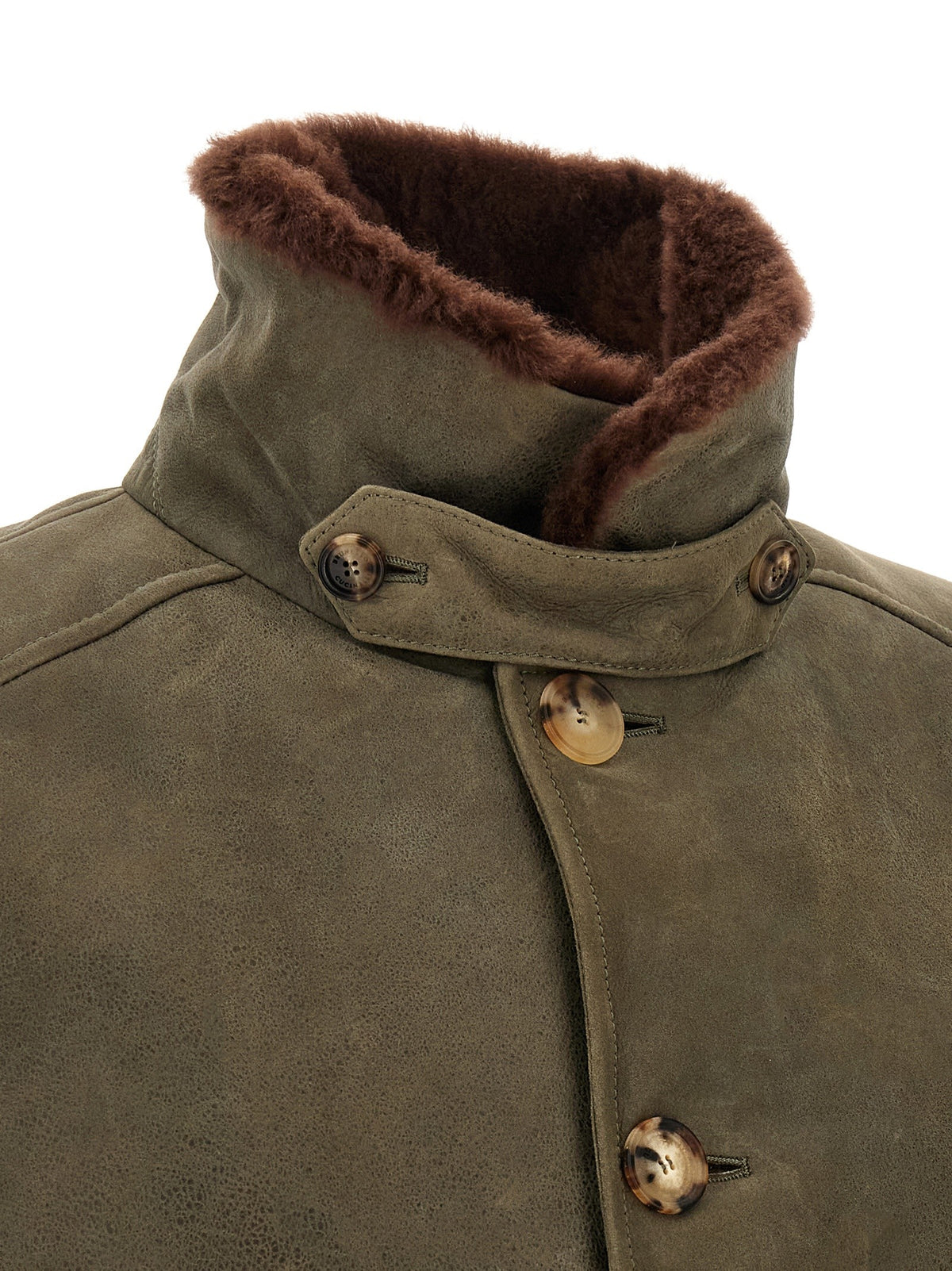 Brunello Cucinelli Waxed Shearling Bomber Jacket Green, view 5