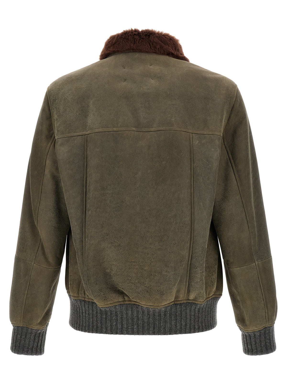 Brunello Cucinelli Waxed Shearling Bomber Jacket Green, view 2