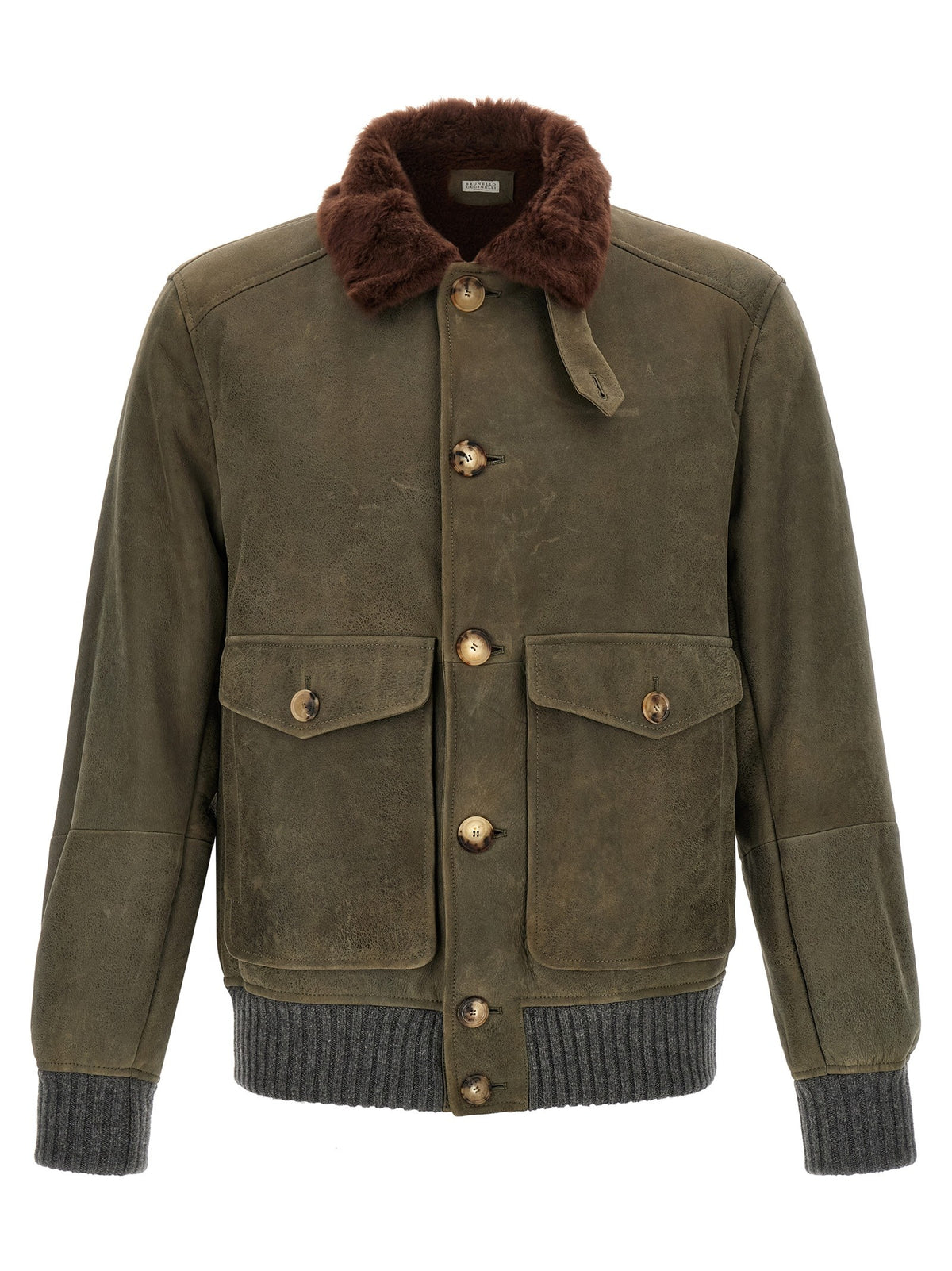 Brunello Cucinelli Waxed Shearling Bomber Jacket Green