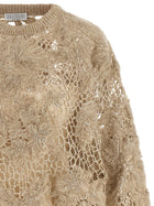 Brunello Cucinelli Whispering Bloom Embroidery Sweater Beige, view 3