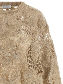 Brunello Cucinelli Whispering Bloom Embroidery Sweater Beige, view 3