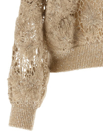 Brunello Cucinelli Whispering Bloom Embroidery Sweater Beige, view 4