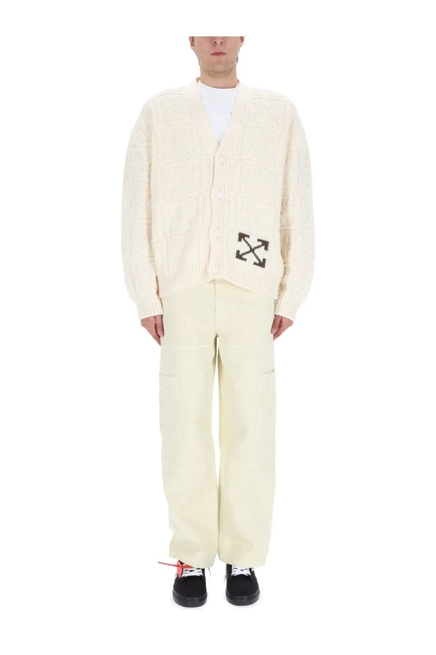 Off-White men’s beige cream-colored knit cardigan with a black logo patch on the left chest for casual wear