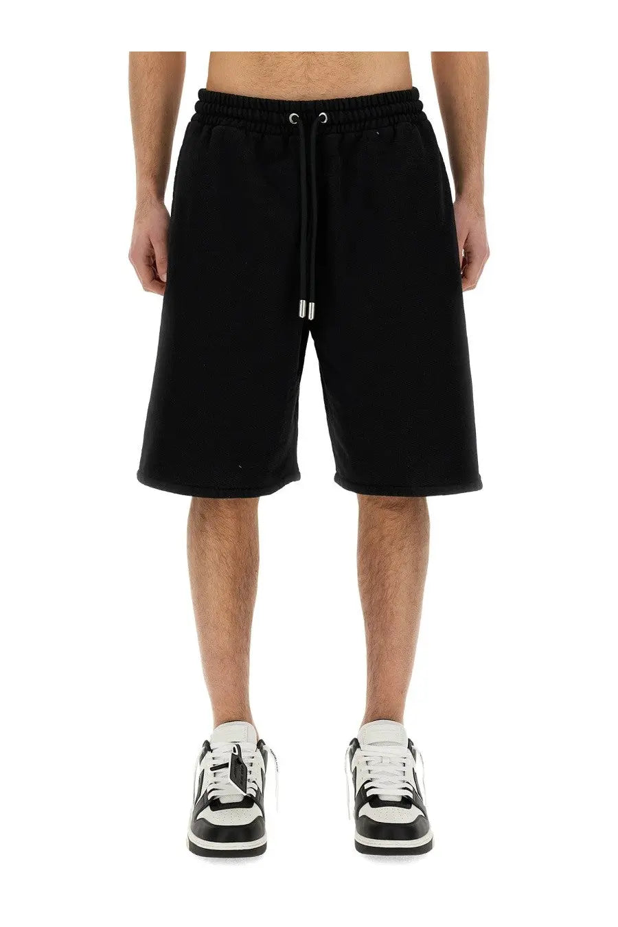 Off-white men’s bermuda black cotton drawstring shorts with relaxed fit and white aglets on the cord