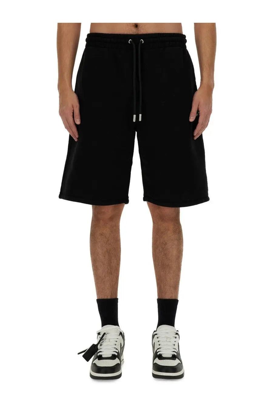 Off-White men’s bermuda black shorts with a relaxed fit and ribbed drawstring waistband made from soft fabric