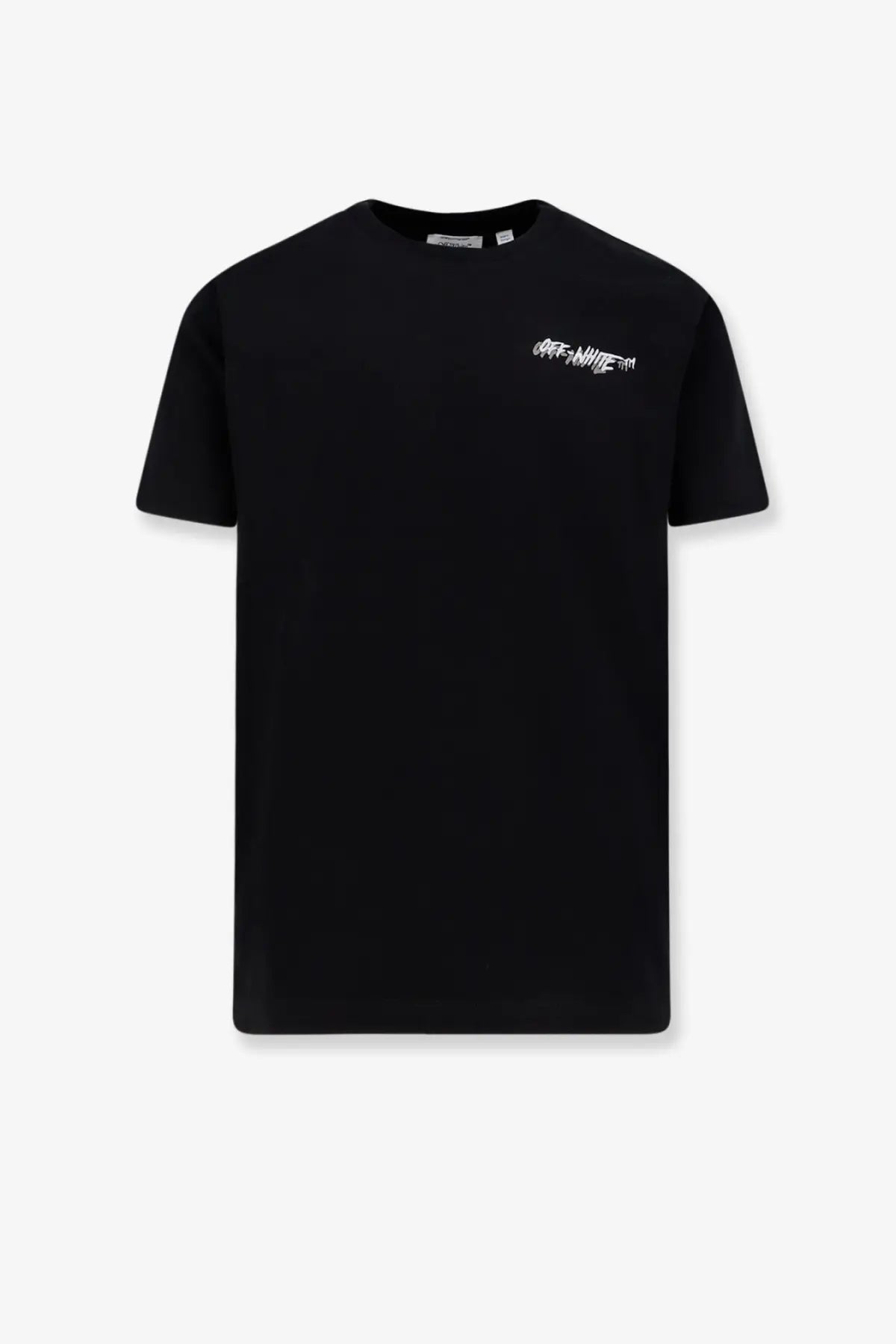 Off-white men’s black cotton t-shirt with white graffiti style logo on the left chest for casual wear