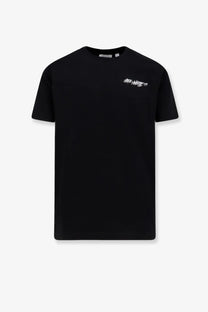 Off-white men’s black cotton t-shirt with white graffiti style logo on the left chest for casual wear