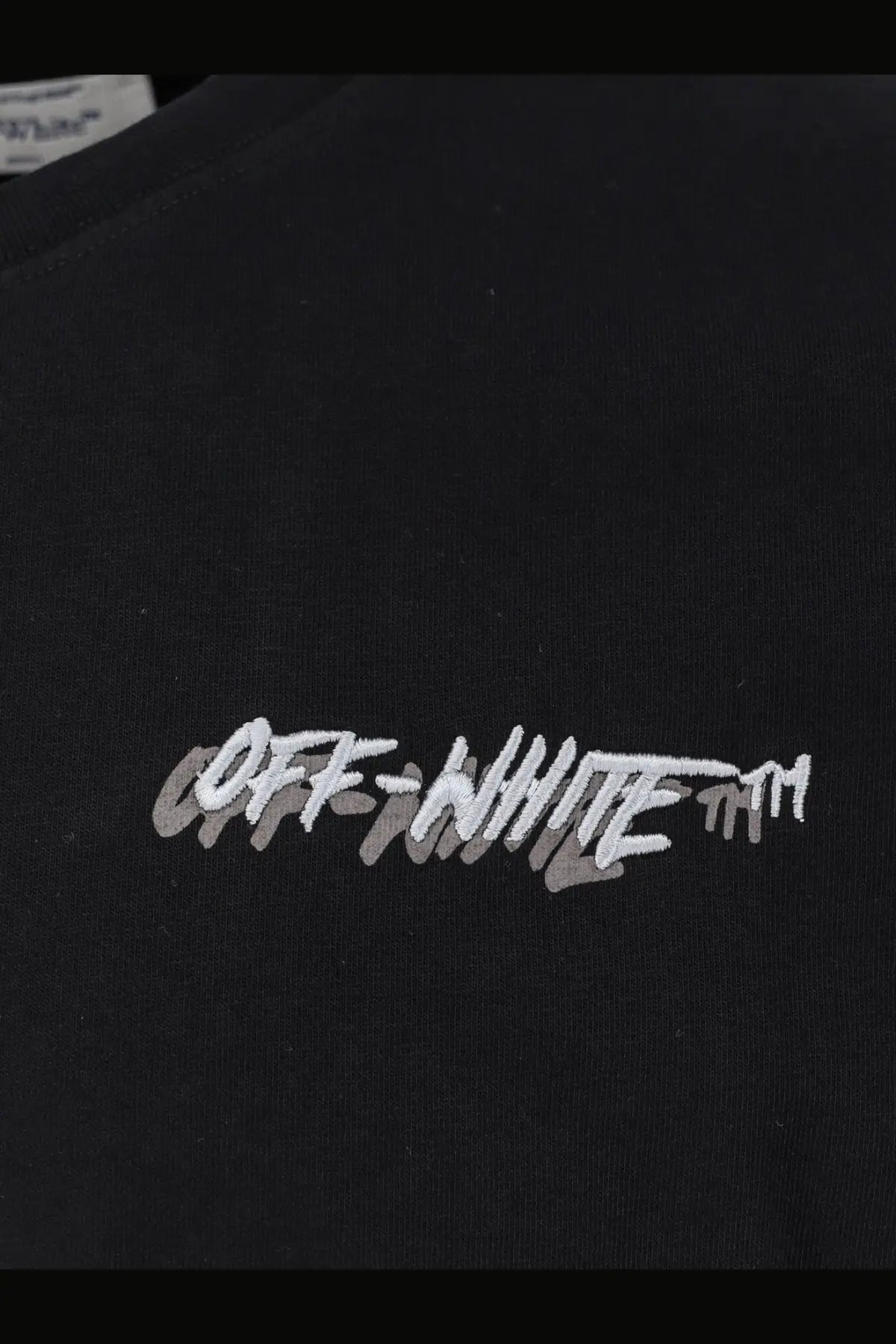 Off-white men’s black cotton t-shirt with white and gray embroidered logo on the front