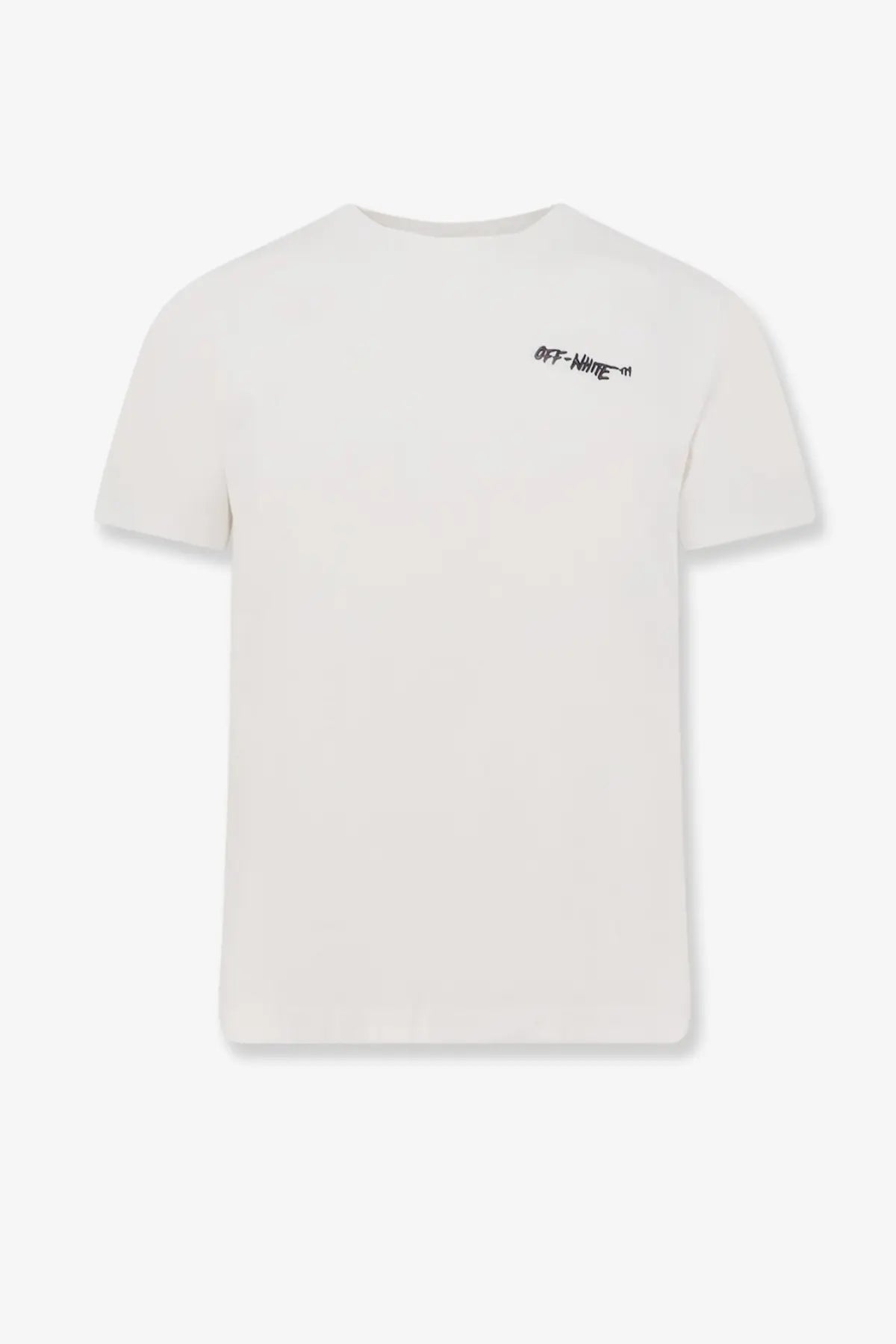 Off-white men’s cotton t-shirt in cream with a black embroidered logo on the left chest for casual wear