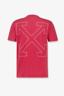 Off-white men’s cotton red t-shirt with bold white outlined arrow logo on the back