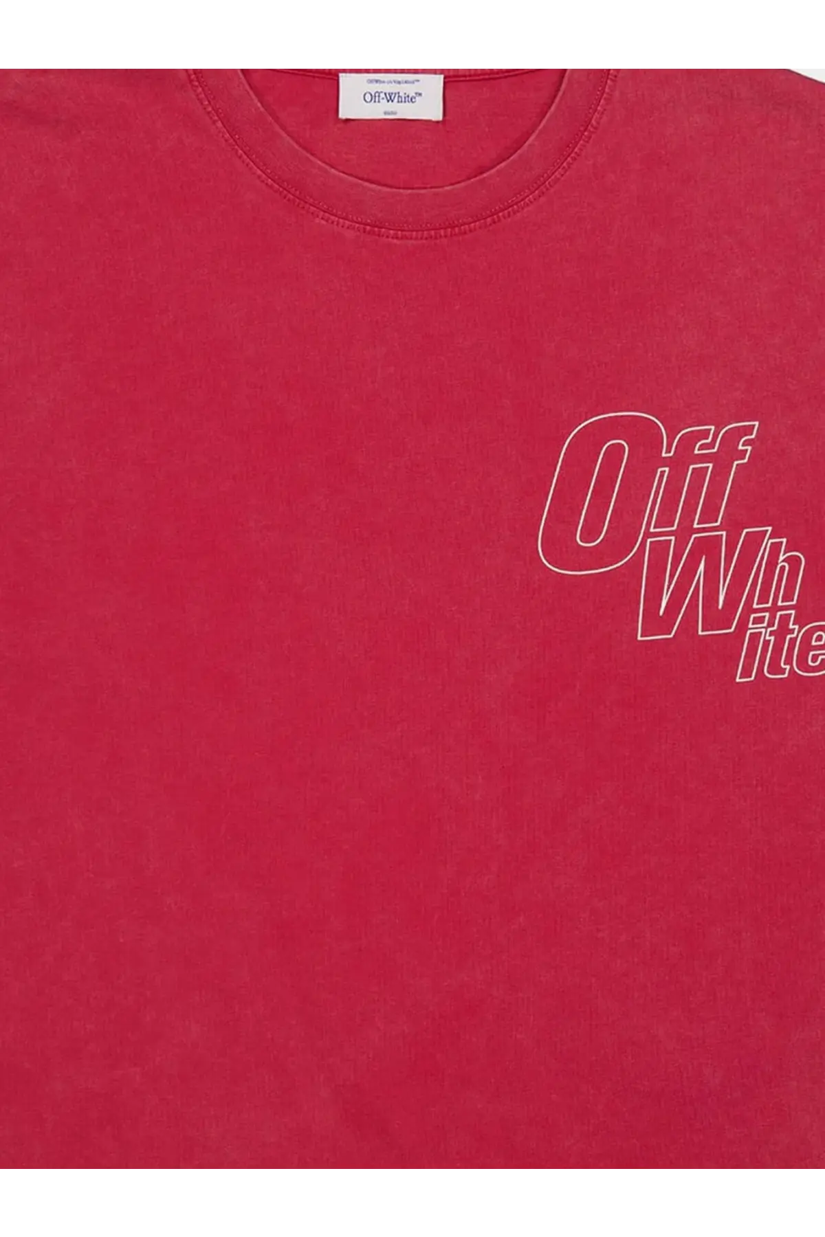 A vibrant red faded off white men’s cotton t shirt with a white outlined logo on the chest