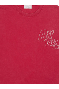A vibrant red faded off white men’s cotton t shirt with a white outlined logo on the chest