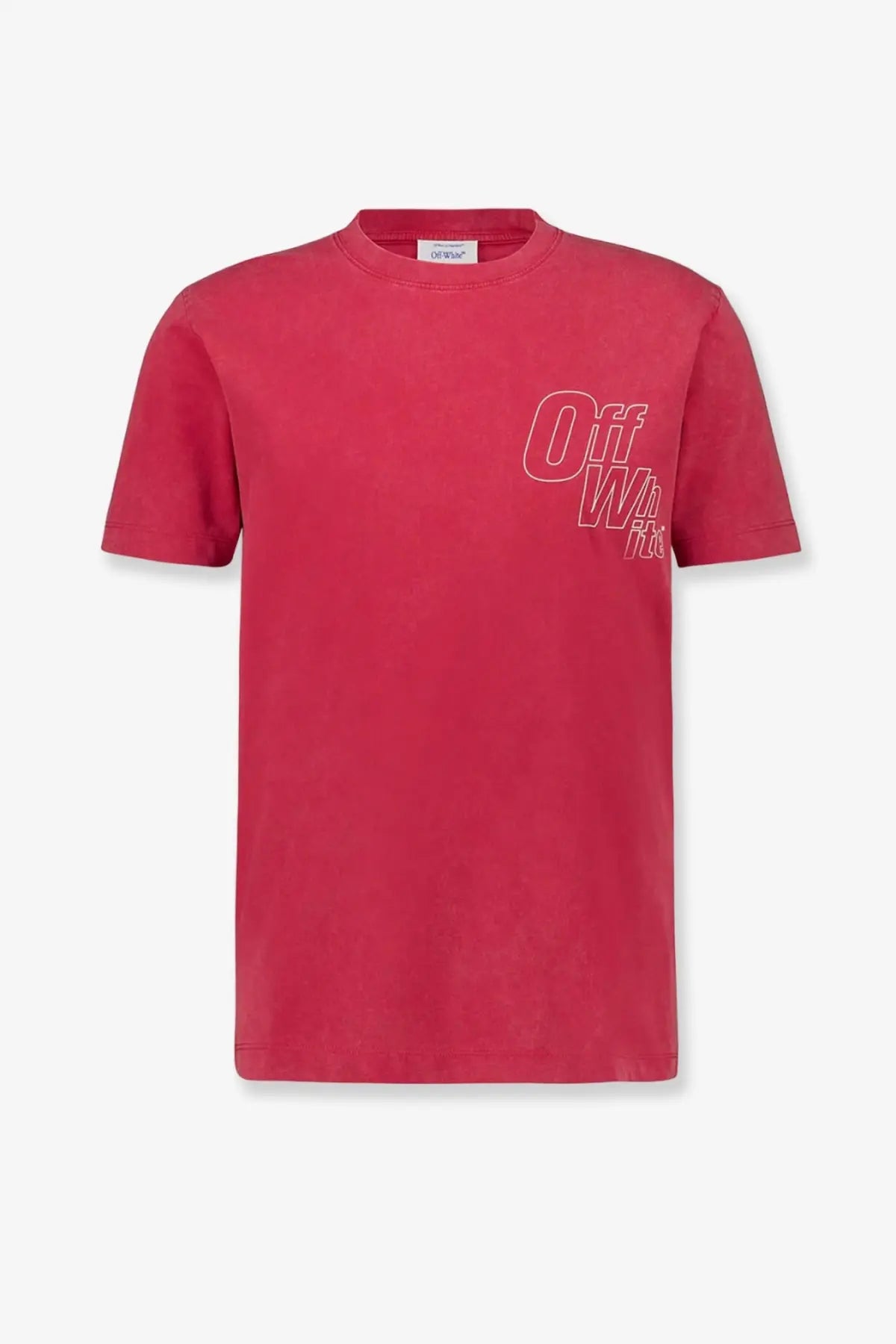 A vibrant red off-white men’s cotton t-shirt with a bold outlined off white logo on the chest