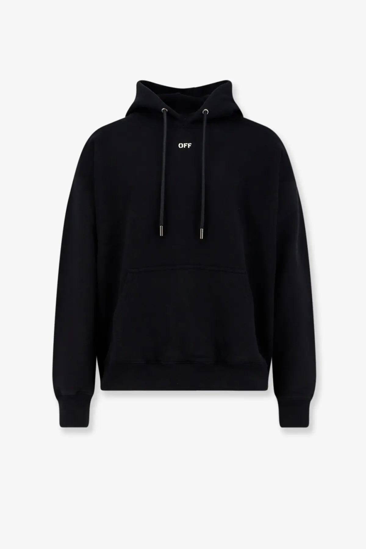 Black off-white men’s cotton sweatshirt with minimalist white off logo and matching drawstrings on the chest