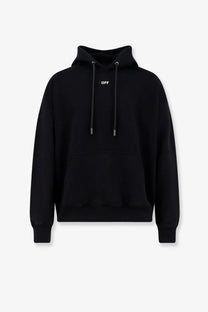 Black off-white men’s cotton sweatshirt with minimalist white off logo and matching drawstrings on the chest