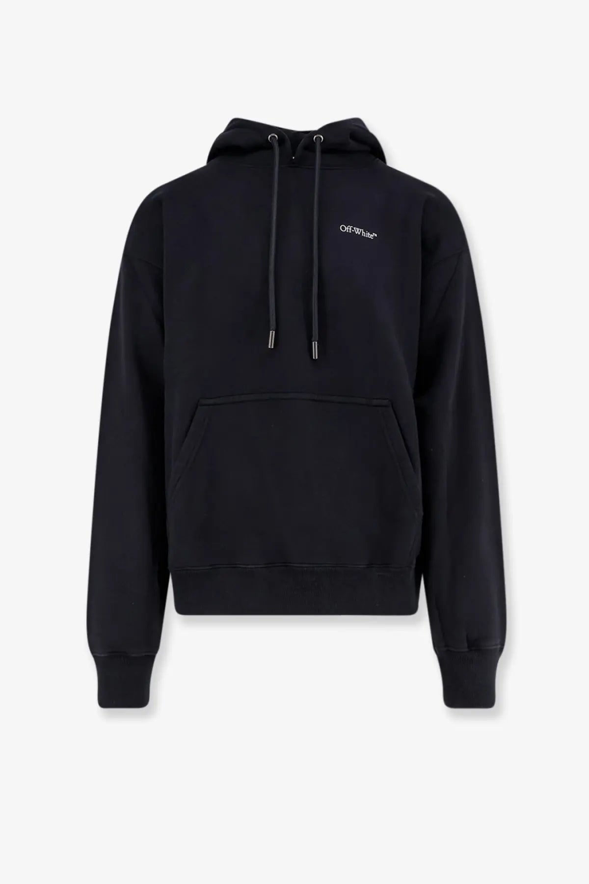Off-white men’s black cotton hoodie with subtle white chest logo and matching drawstrings for casual wear