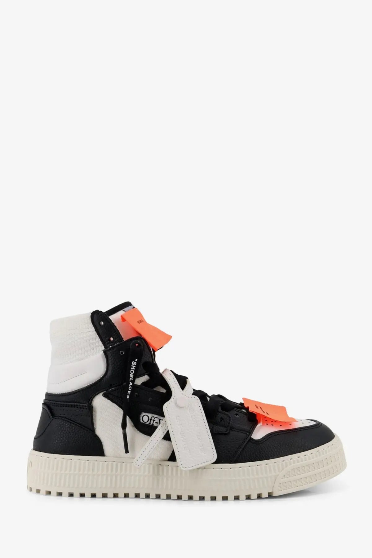 Off-White men’s court high top leather sneaker in black with orange tag accents and chunky off-white rubber sole