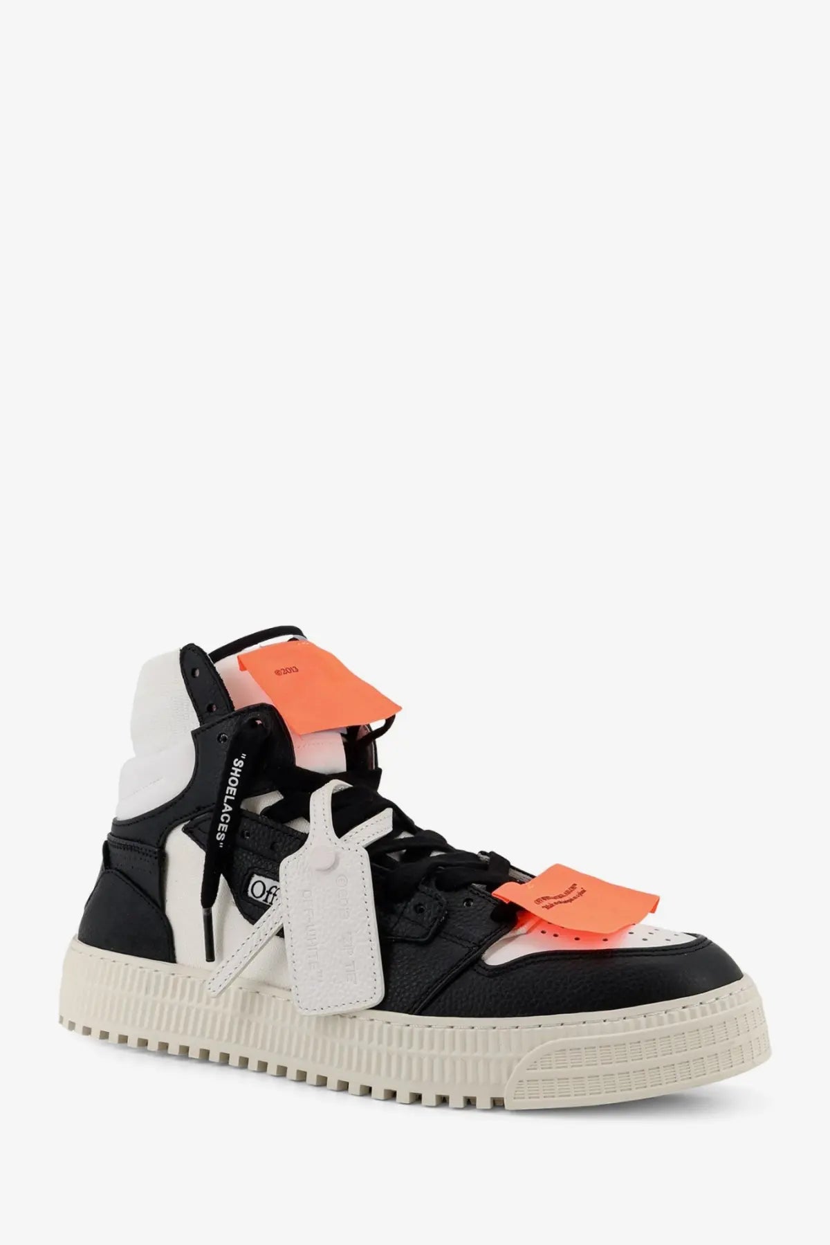 Off-White men’s court high top leather sneaker in black with orange tag accents and chunky off-white sole