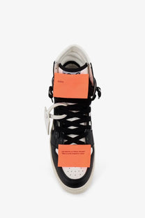 Off-White men’s court high top leather sneakers in black with white accents and orange label details