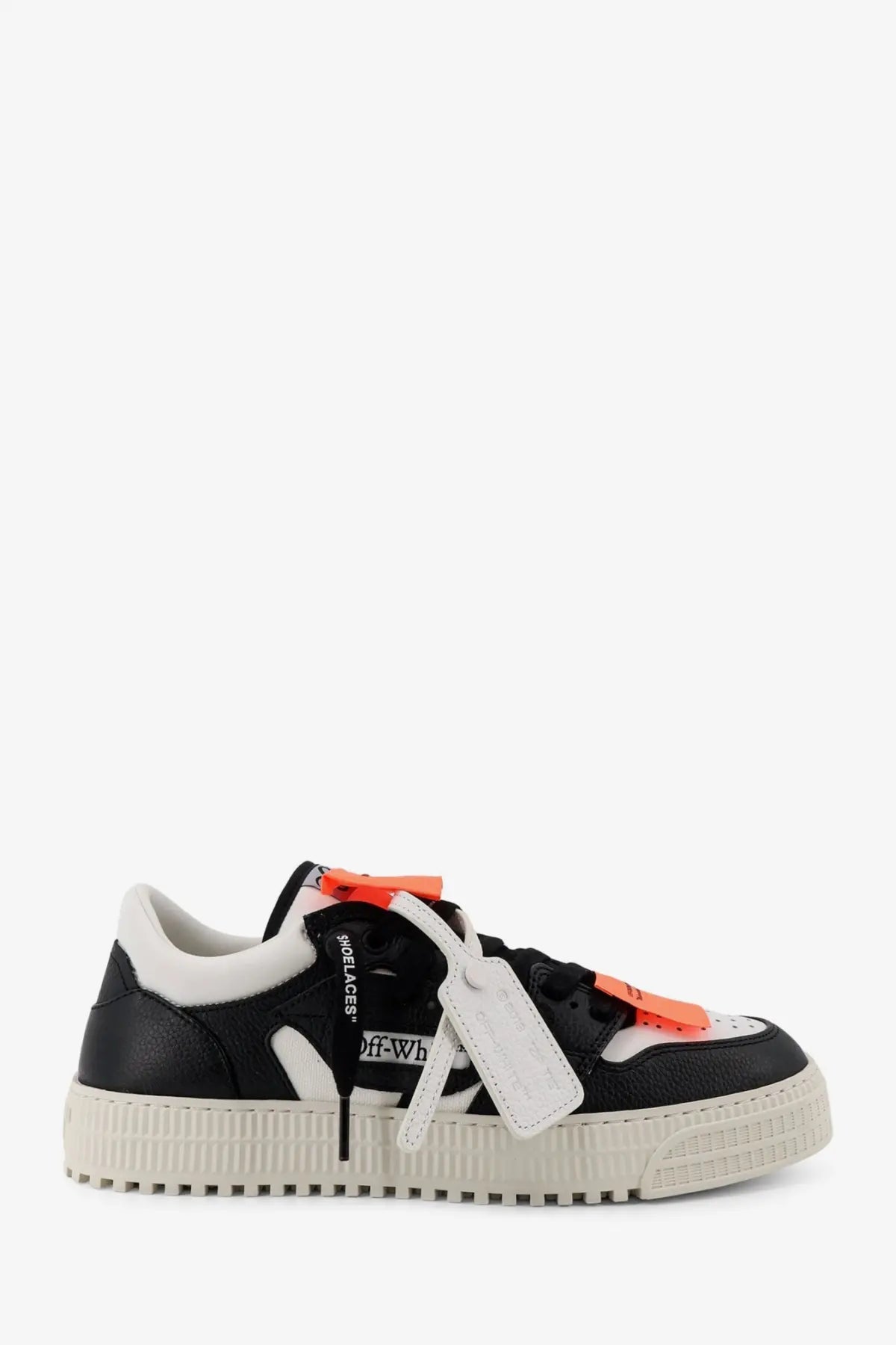 Off-white men’s court low top leather sneakers in black and white with orange accents and textured rubber sole