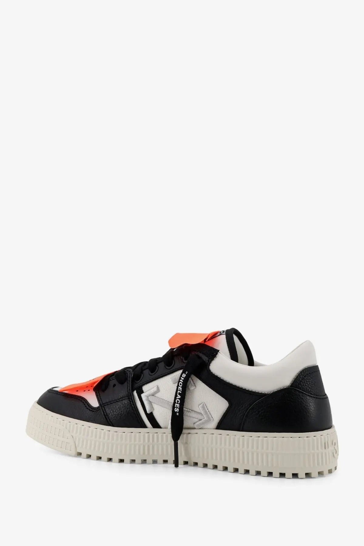 Off-White men’s court low top leather sneakers in black and off-white with orange accents and chunky sole