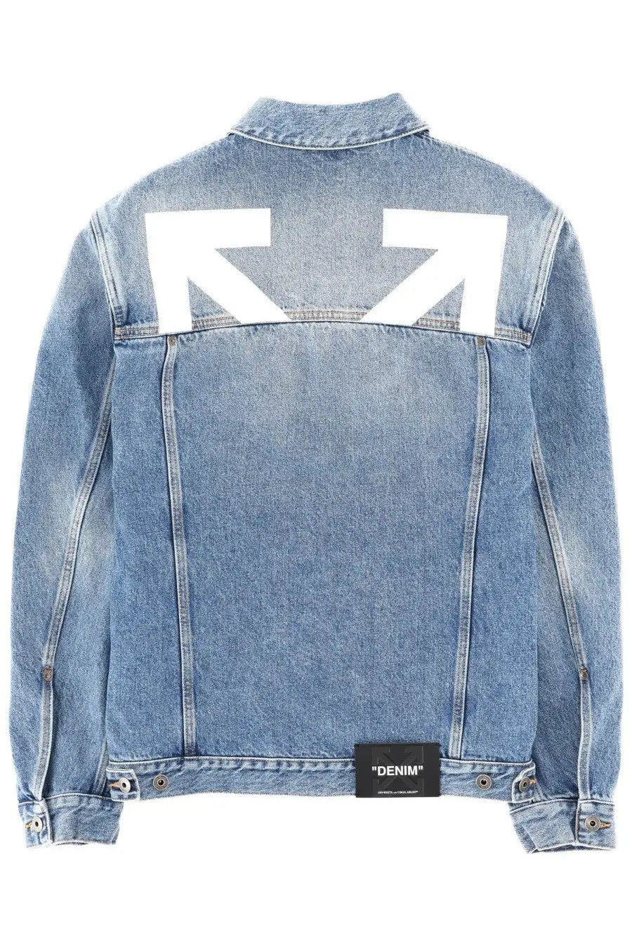 Off-white men’s blue denim jacket in blue with bold white arrow logo on back and black denim label at waistband