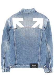 Off-white men’s blue denim jacket in blue with bold white arrow logo on back and black denim label at waistband