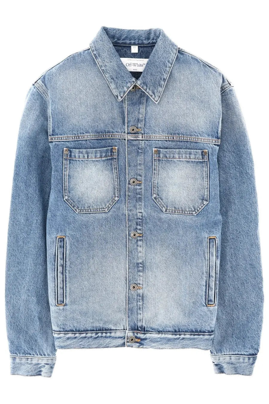 Off-white men’s denim jacket blue light-wash with classic collar front button closure and two chest pockets