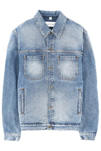 Off-white men’s denim jacket blue light-wash with classic collar front button closure and two chest pockets
