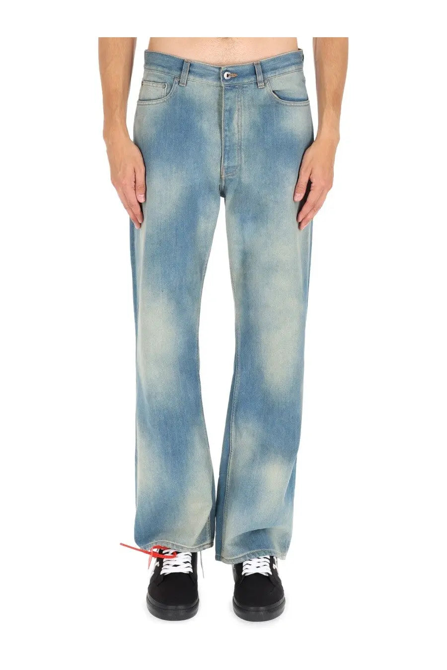 Off-white men’s diag raw patch light-wash denim jeans with wide-leg flared silhouette and faded distressing blue