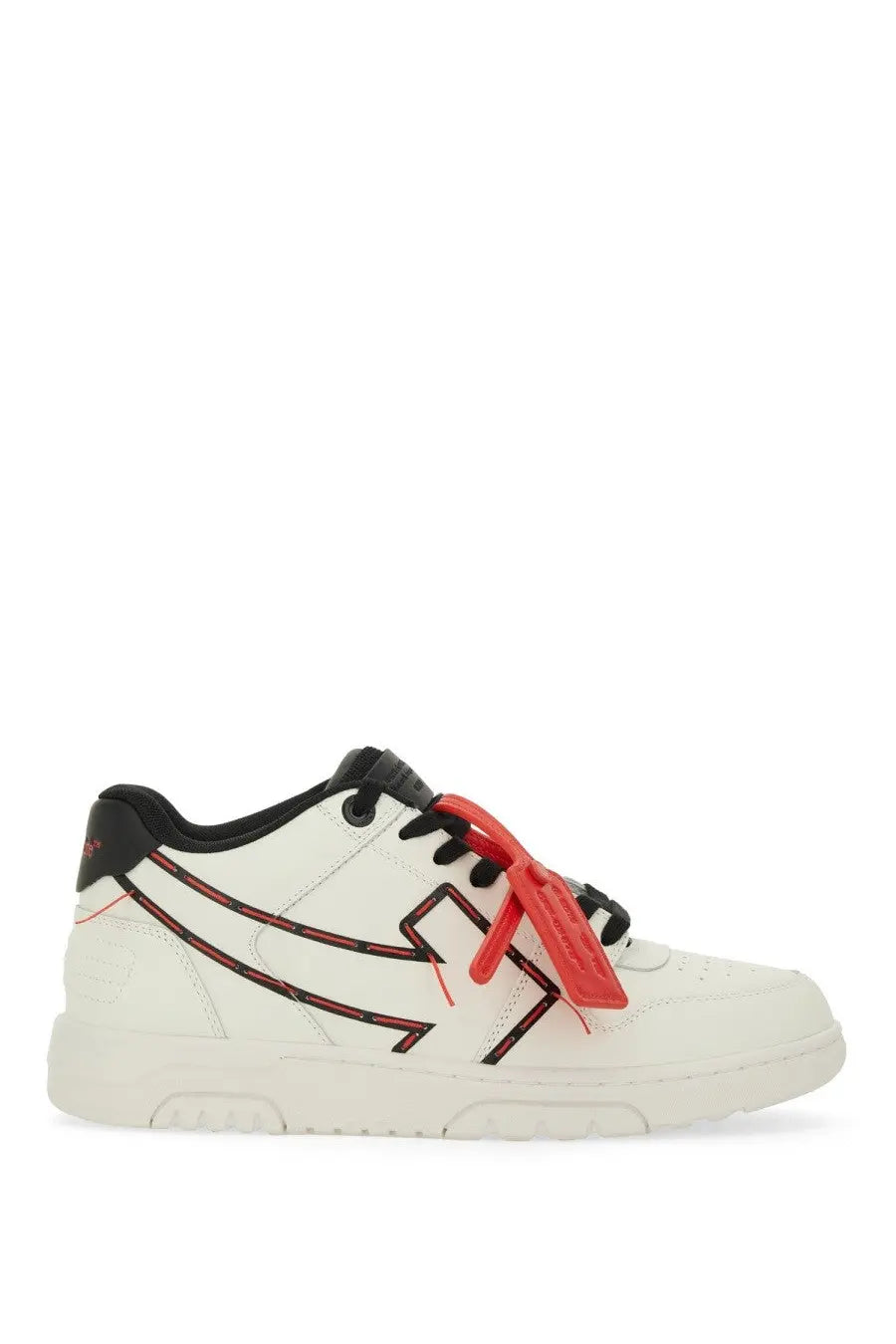 Off-white men’s leather sneaker white with bold red and black geometric detailing and signature brand logo on the side