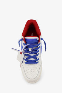 Off-white men’s out of office bubble arrow leather sneakers white with bold blue laces and red interior lining