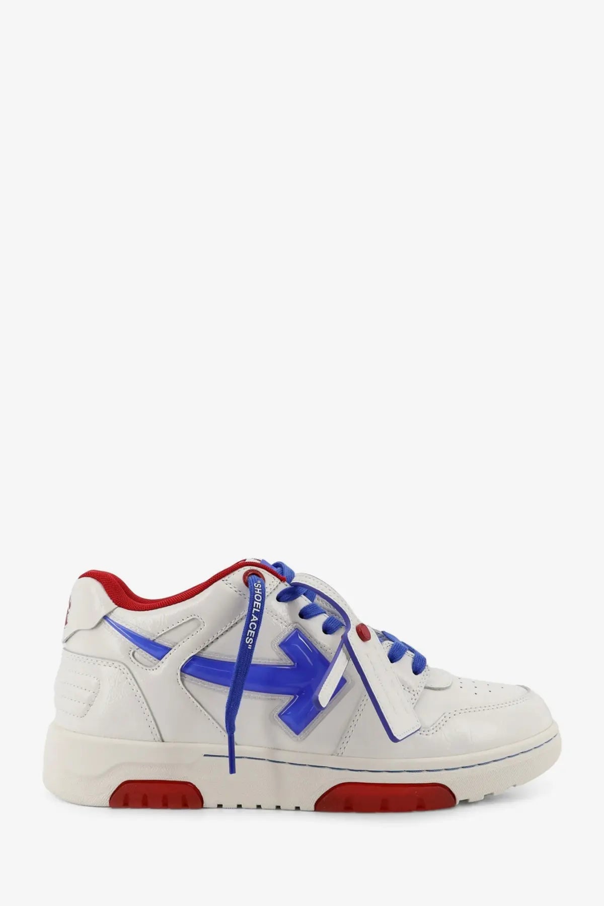 Off-white men’s Out of Office leather sneakers with bold blue and red accents and a distinctive side logo