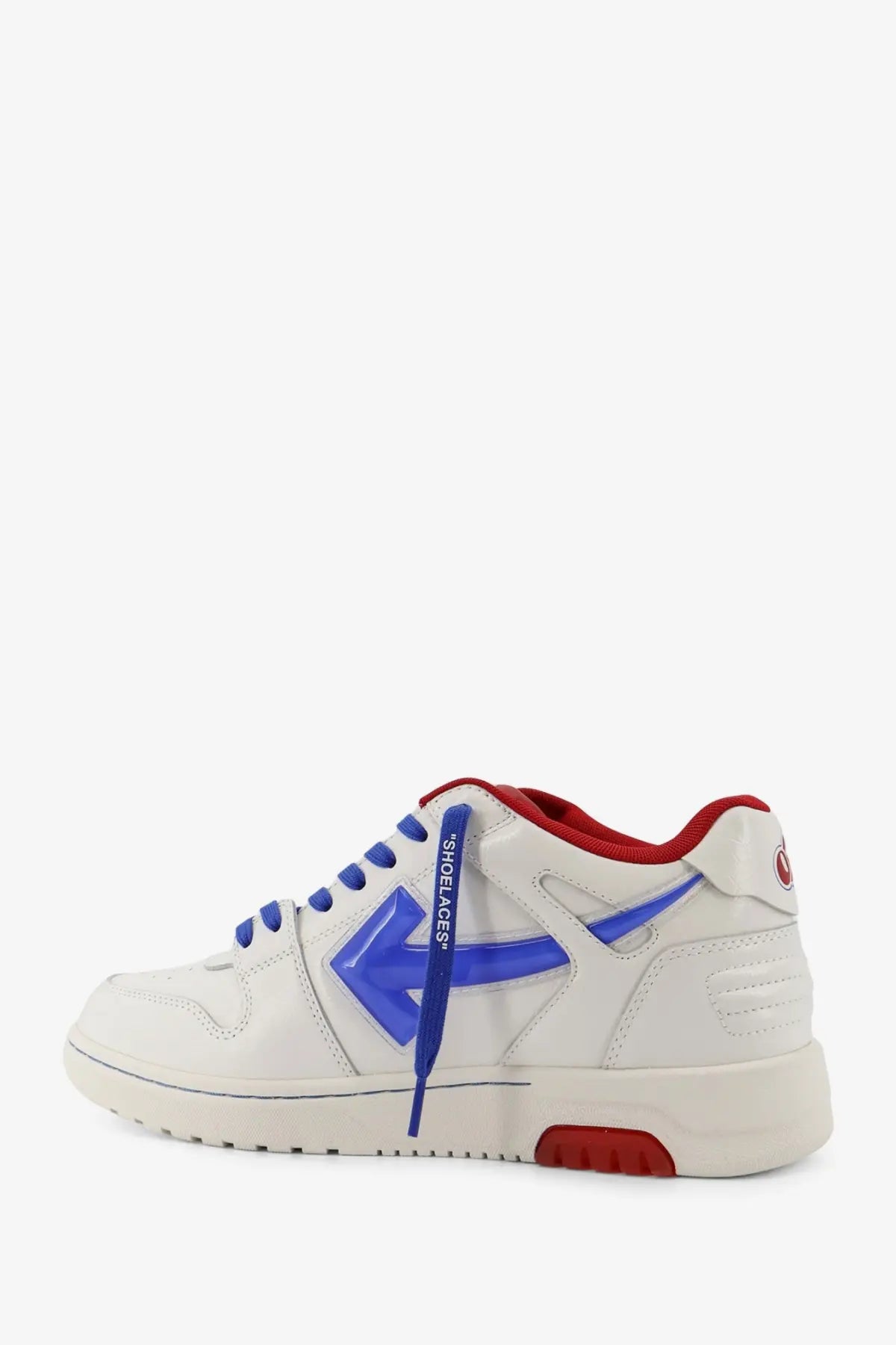 Off-White men’s out of office leather sneakers in white with bold blue arrow logo and red accents on tongue heel and midsole