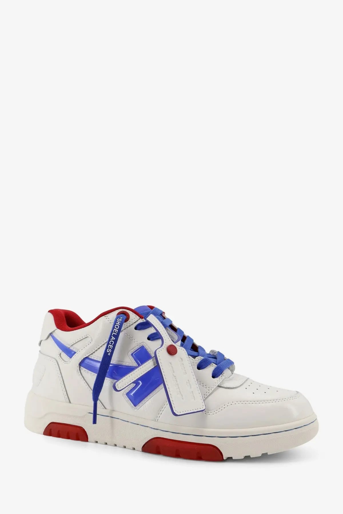Off-White men’s out of office bubble arrow leather sneakers white with bold blue and red accents and logo patch